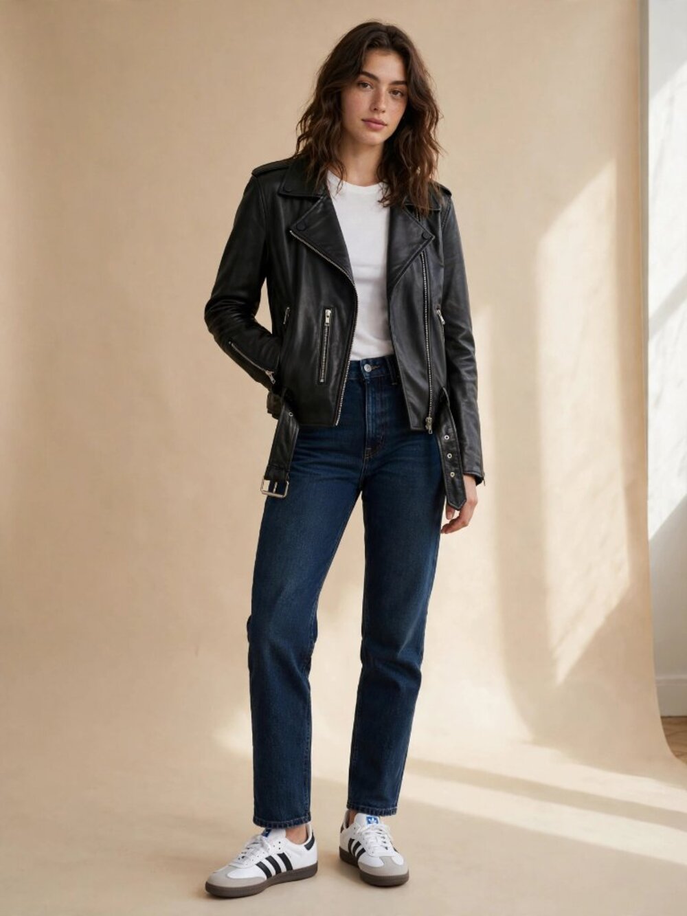 Quince Black Leather Moto Jacket Biker Asymmetric Zip Belted Size S